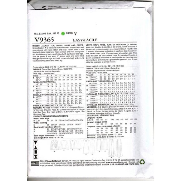 Vogue V9365 Misses 14 to 22 Jacket, Pants, Dress and Top Uncut Sewing Pattern - Picture 2 of 2